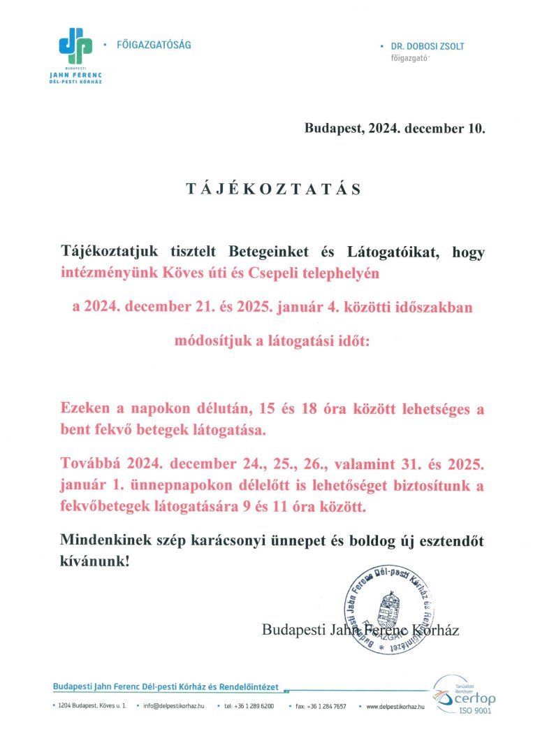 JFKH ünnepi látogatási rend