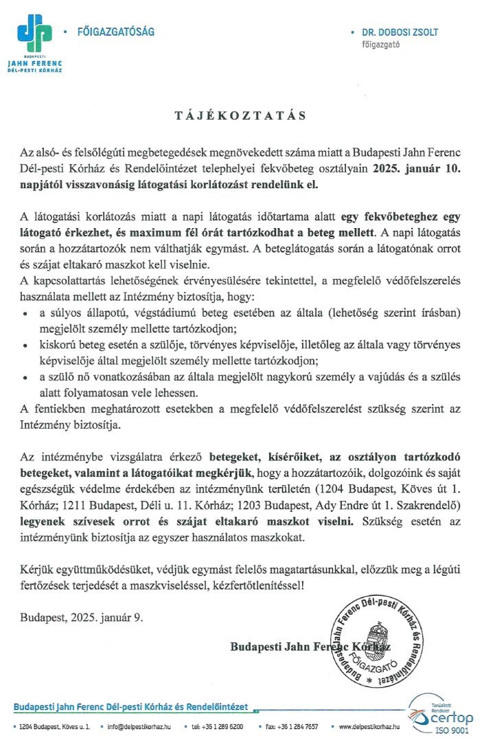 Tájékoztatás látogatási korlátozásról