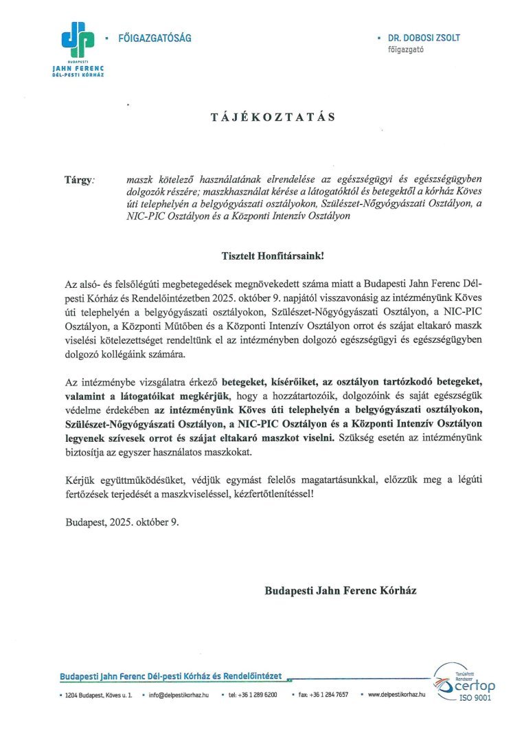 Tájékoztatás: maszk használat