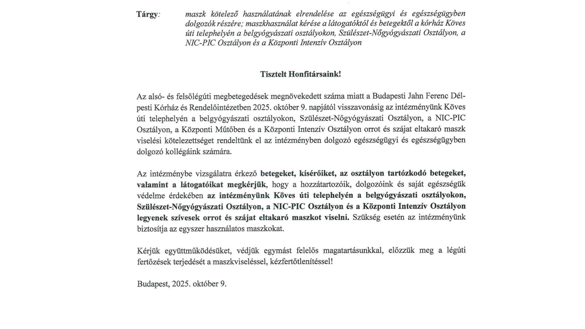 Tájékoztatás: maszk használat